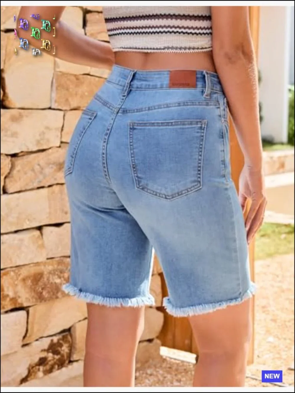 Bermuda Jean Shorts Mid Rise Raw Hem Stretchy Denim Long Shorts Knee Length
